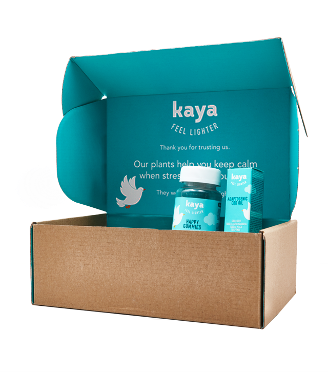 Kennenlernset No Stress Kaya Happy Gummies CBD Fruchtgummis und CBD 5% Adaptogen Öl in Box von Seite